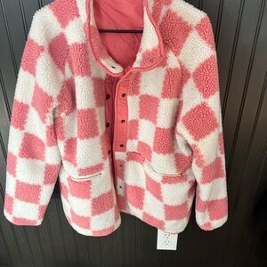 Stylish Pink and White Checkered Teddy Jacket